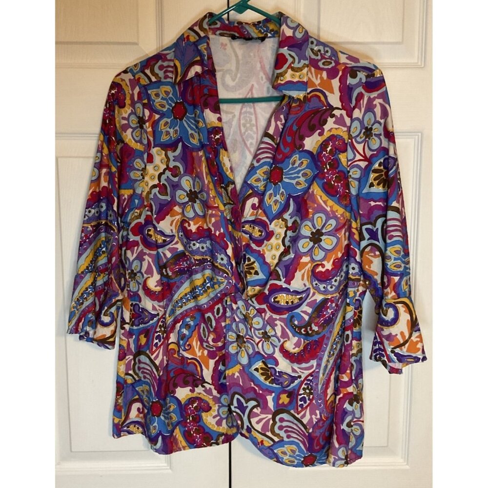 Boho Chic Colorful Purple Print 3/4 Sleeve‎ V-Neck Blouse Top Medium
